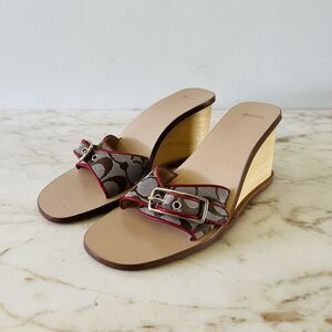 COACH Honey Brown Logo Canvas Red Leather Trim Wood Wedge Sandals - US 8